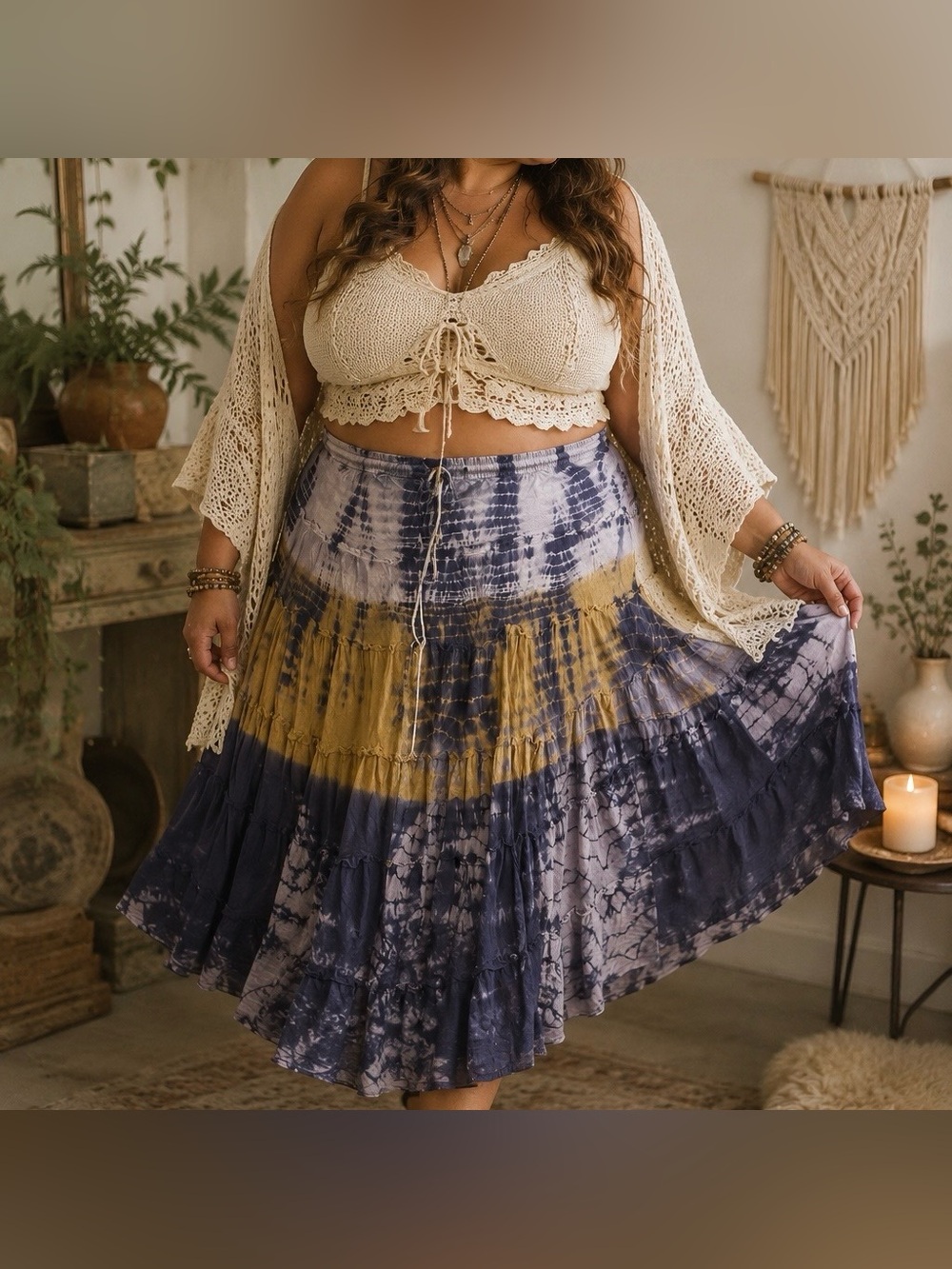 Tie Dye Cotton Gauze Tiered Midi Skirt Plus Size 14/16  Cato Hippie Boho Peasant